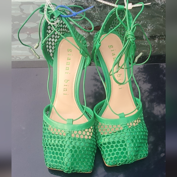 Mesh And Leather Ankle Wrap Square Toe Pumps